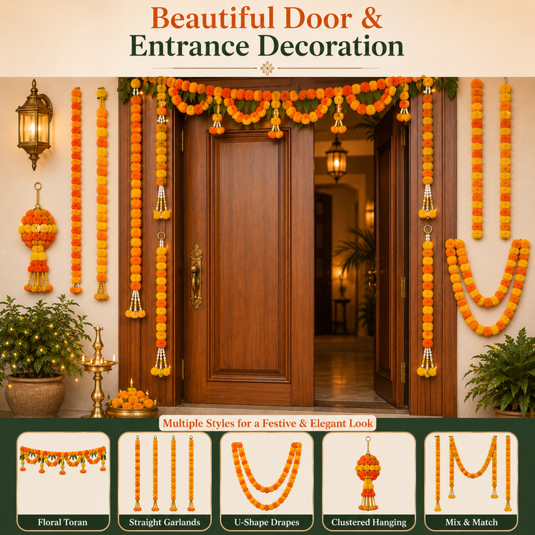 BLUE CRAFT Marigold Artificial Flower Garland – 5 Feet , Lemon and Orange