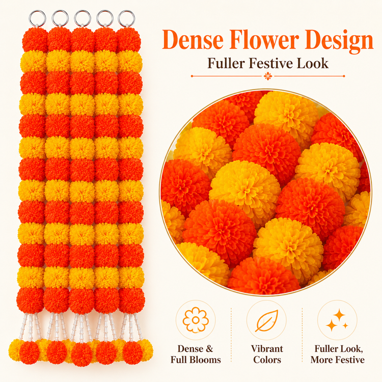 BLUE CRAFT Marigold Artificial Flower Garland – 5 Feet , Lemon and Orange