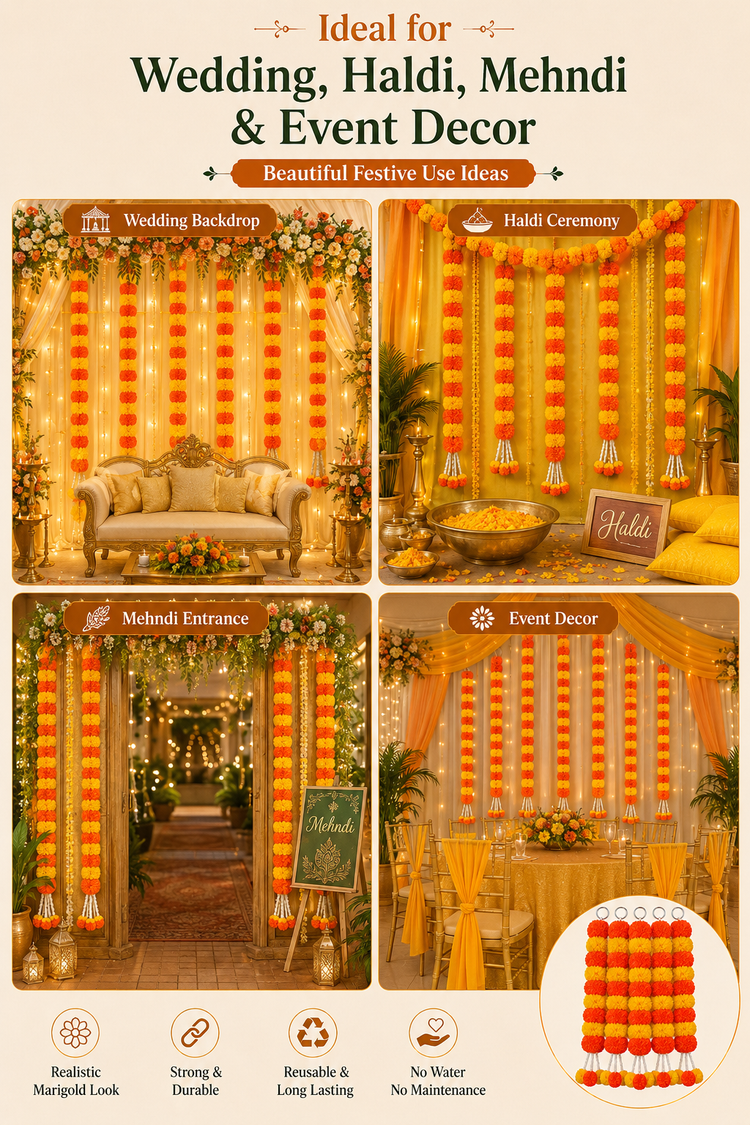 BLUE CRAFT Marigold Artificial Flower Garland – 5 Feet , Lemon and Orange