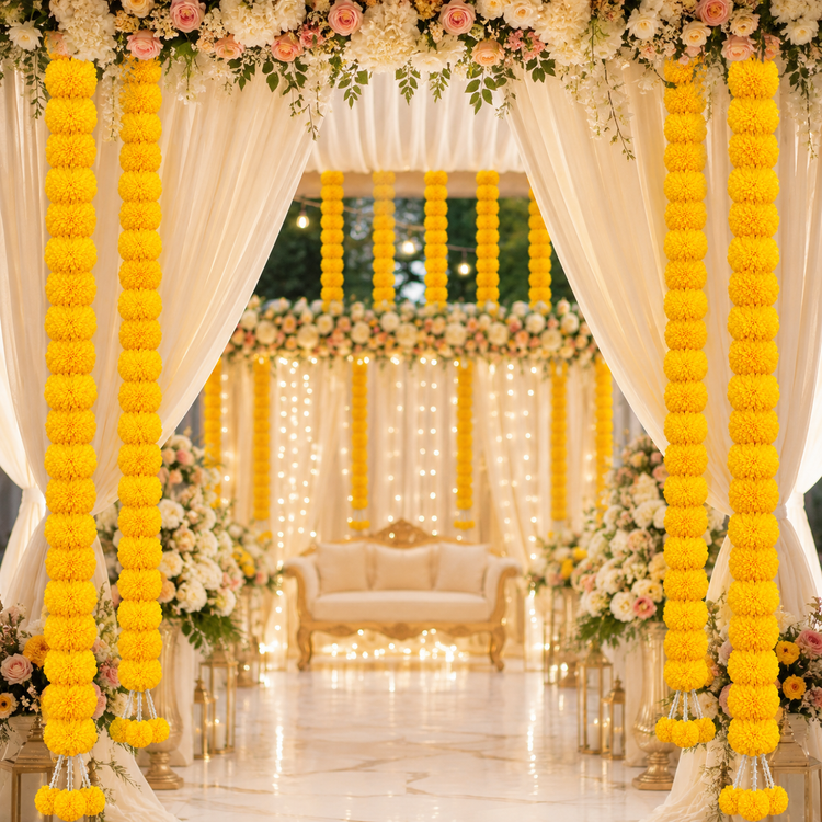 BLUE CRAFT Marigold Artificial Flower Garland – 5 Feet , Lemon