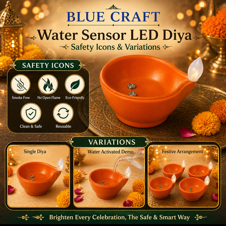 BLUE CRAFT Round LED Water Sensor Diya – Pack of 14