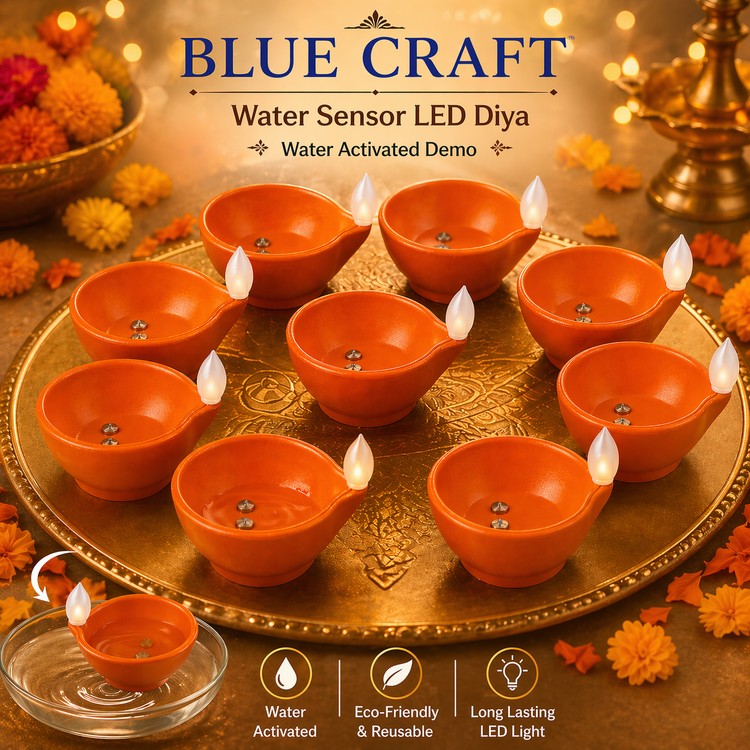 BLUE CRAFT Round LED Water Sensor Diya – Pack of 14