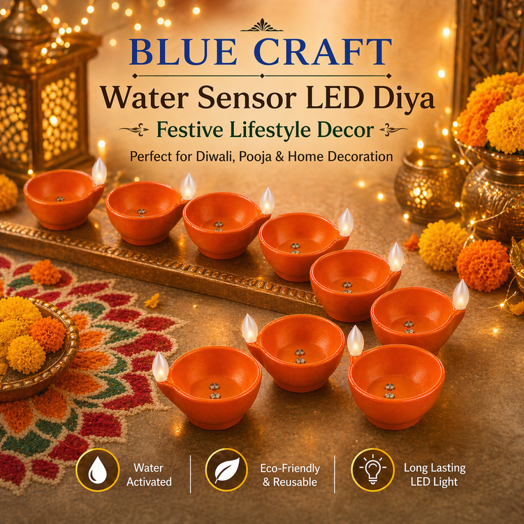 BLUE CRAFT Round LED Water Sensor Diya – Pack of 14