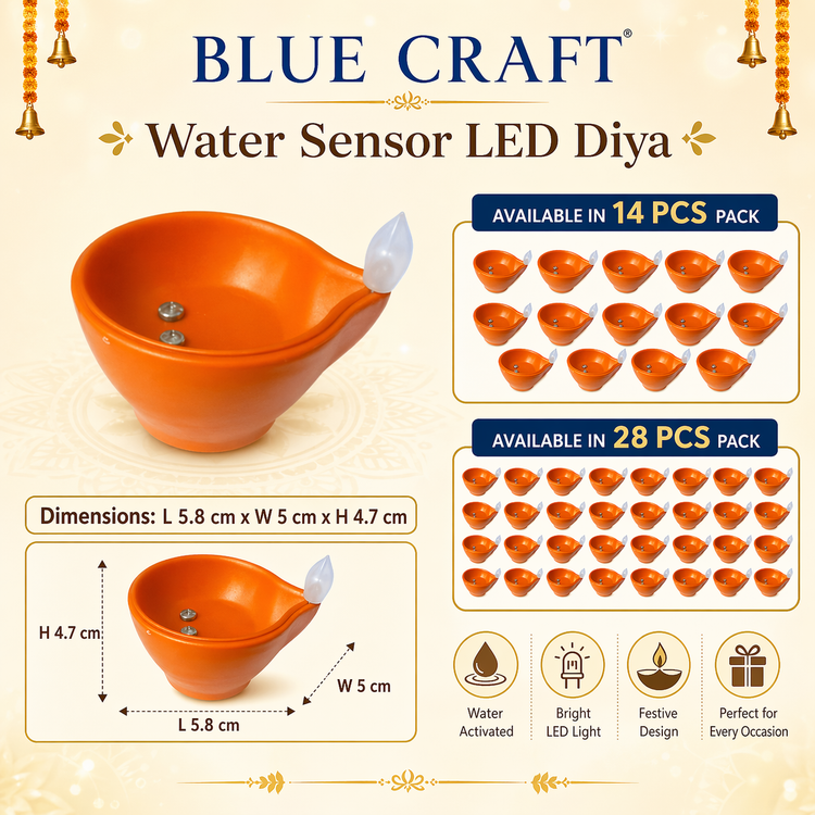 BLUE CRAFT Round LED Water Sensor Diya – Pack of 14