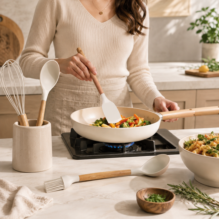 SPATZO Silicone Kitchen Utensil Set – Pack of 5 Beige