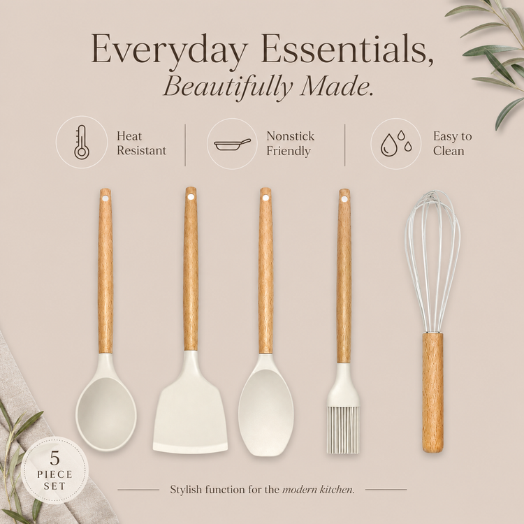 SPATZO Silicone Kitchen Utensil Set – 5 Piece Beige
