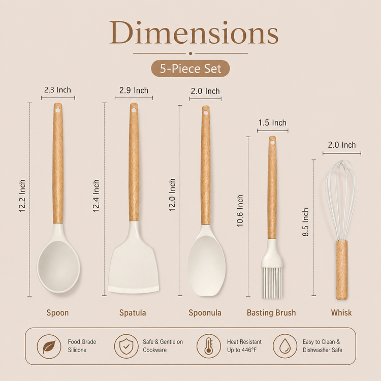 SPATZO Silicone Kitchen Utensil Set – Pack of 5 Beige
