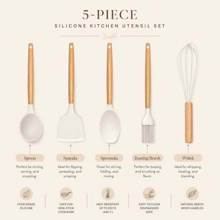 SPATZO Silicone Kitchen Utensil Set – Pack of 5 Beige