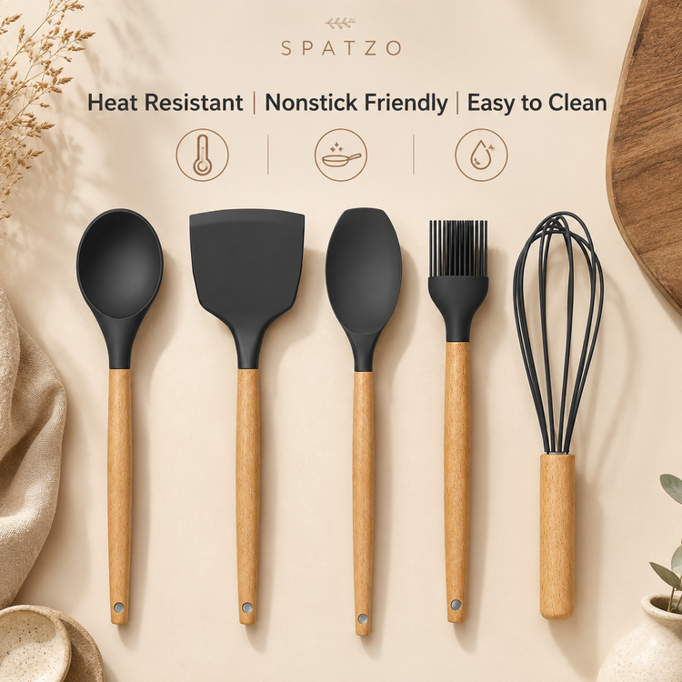 SPATZO Silicone Kitchen Utensil Set – Pack of 5 Dark Gray