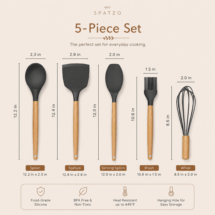 SPATZO Silicone Kitchen Utensil Set – Pack of 5 Dark Gray