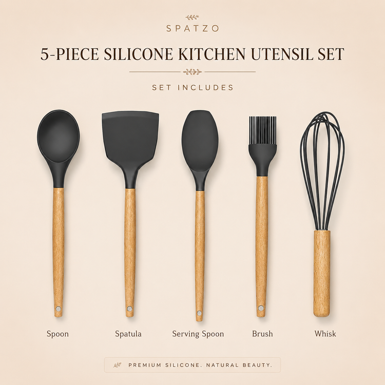 SPATZO Silicone Kitchen Utensil Set – Pack of 5 Dark Gray