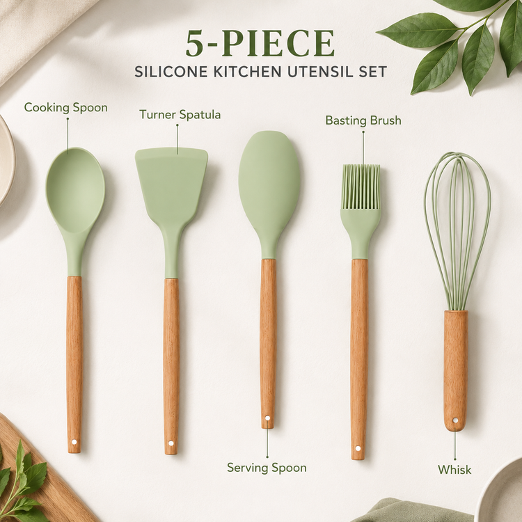 SPATZO Silicone Kitchen Utensil Set – Pack of 5 Light Green