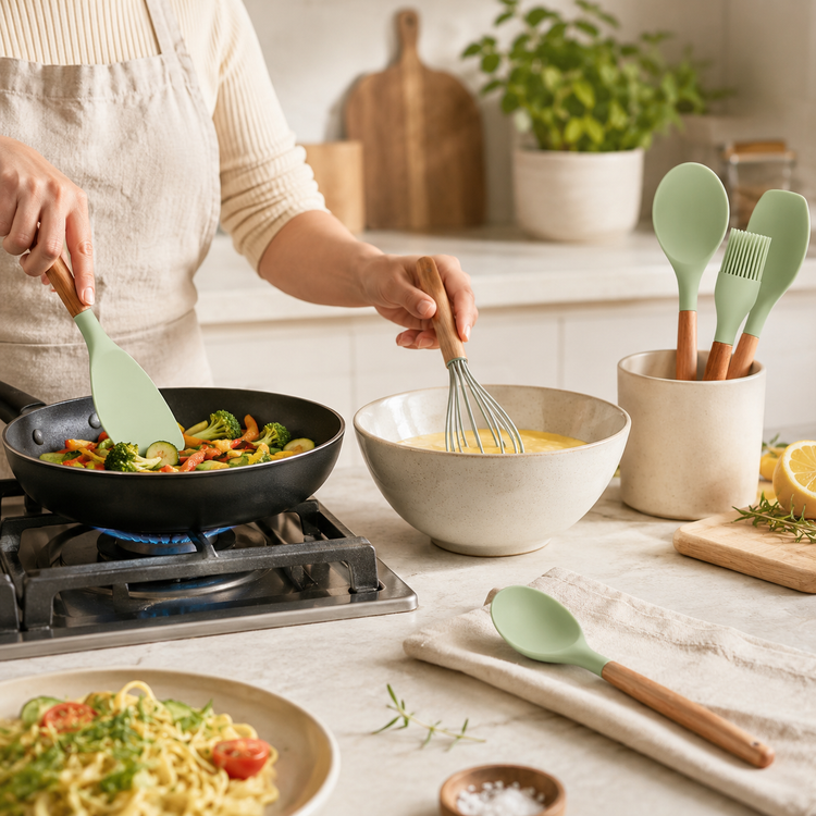 SPATZO Silicone Kitchen Utensil Set – Pack of 5 Light Green