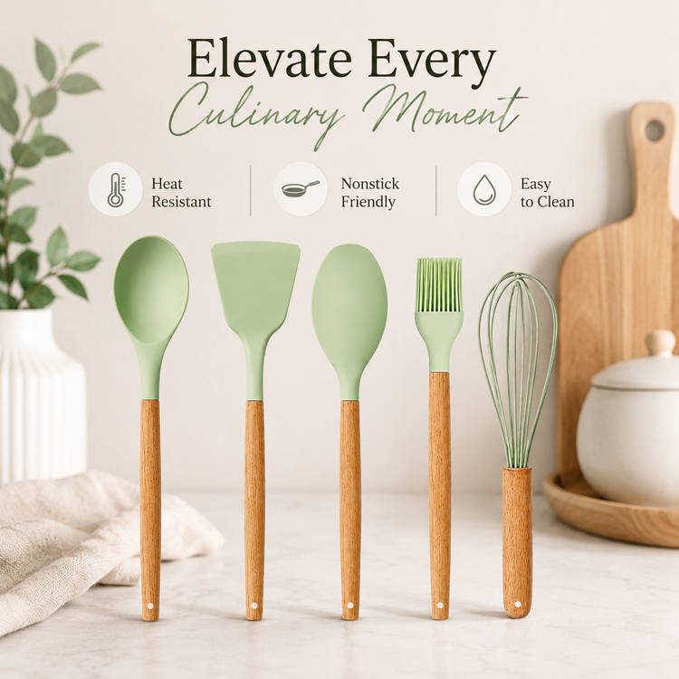 SPATZO Silicone Kitchen Utensil Set – Pack of 5 Light Green