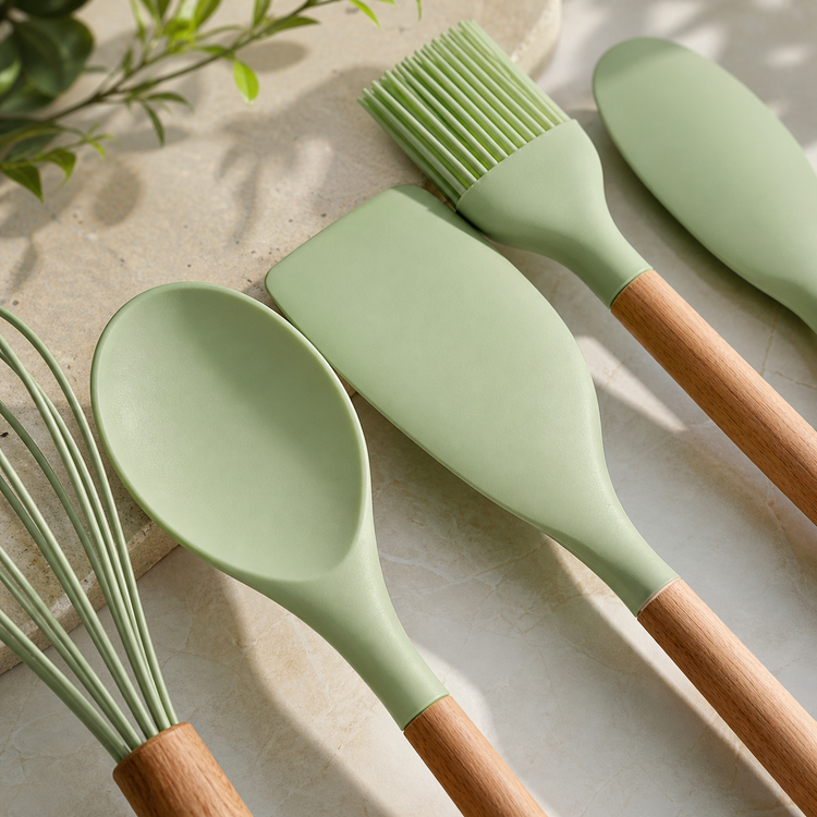 SPATZO Silicone Kitchen Utensil Set – Pack of 5 Light Green