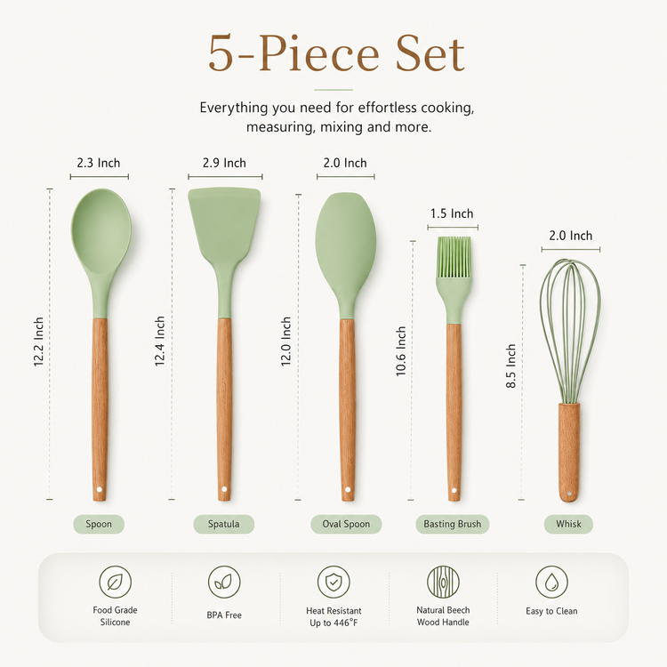 SPATZO Silicone Kitchen Utensil Set – Pack of 5 Light Green