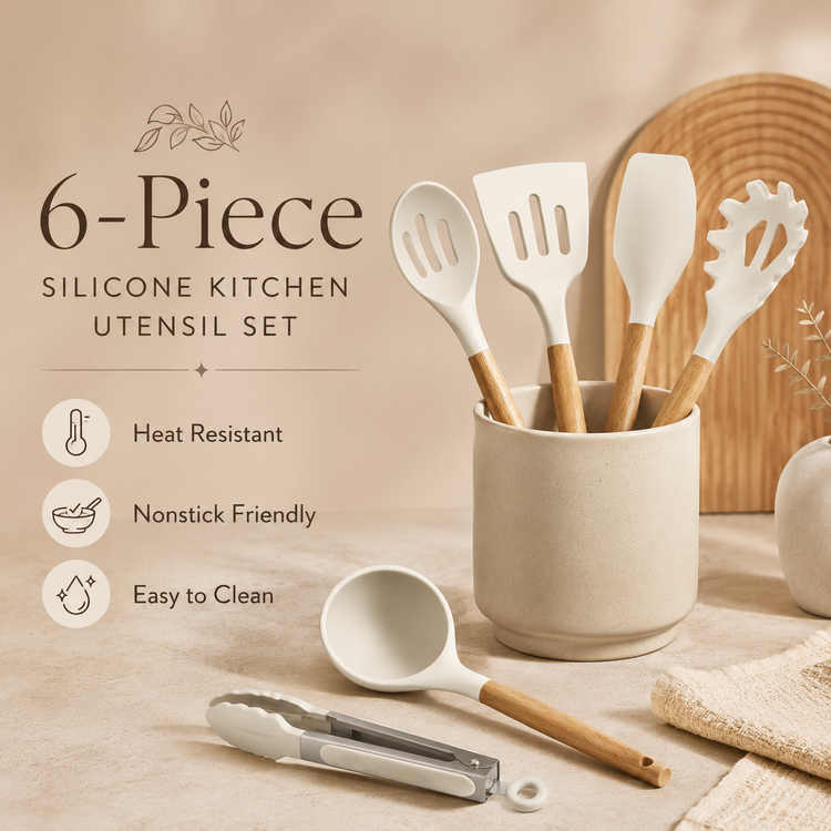 SPATZO Silicone Kitchen Utensil Set – Pack of 6 Beige
