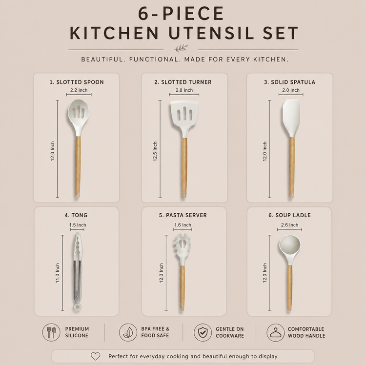 SPATZO Silicone Kitchen Utensil Set – Pack of 6 Beige