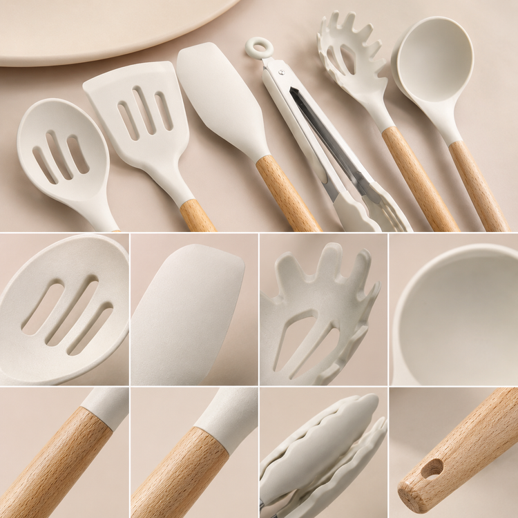 SPATZO Silicone Kitchen Utensil Set – Pack of 6 Beige