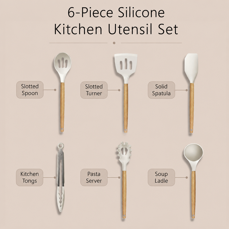 SPATZO Silicone Kitchen Utensil Set – Pack of 6 Beige