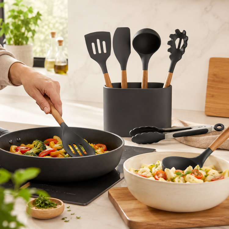 SPATZO Silicone Kitchen Utensil Set – Pack of 6 Dark Gray