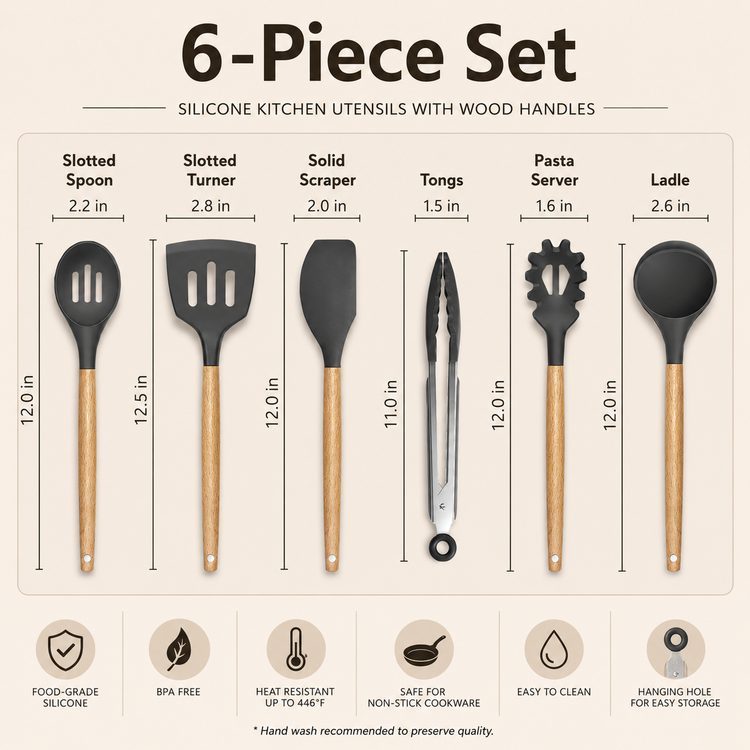 SPATZO Silicone Kitchen Utensil Set – Pack of 6 Dark Gray