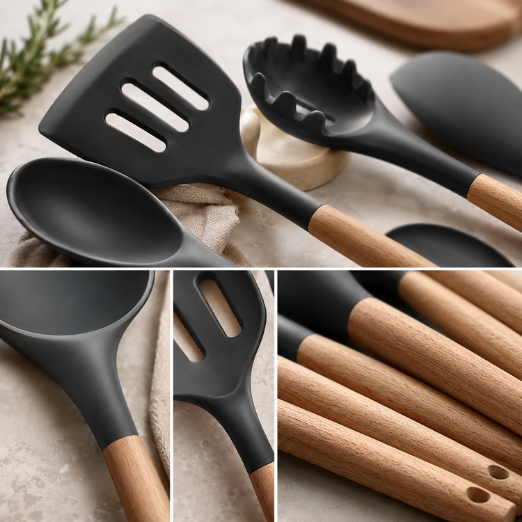 SPATZO Silicone Kitchen Utensil Set – Pack of 6 Dark Gray