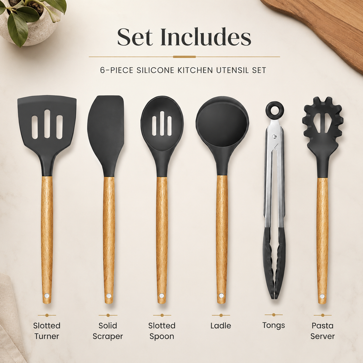 SPATZO Silicone Kitchen Utensil Set – Pack of 6 Dark Gray