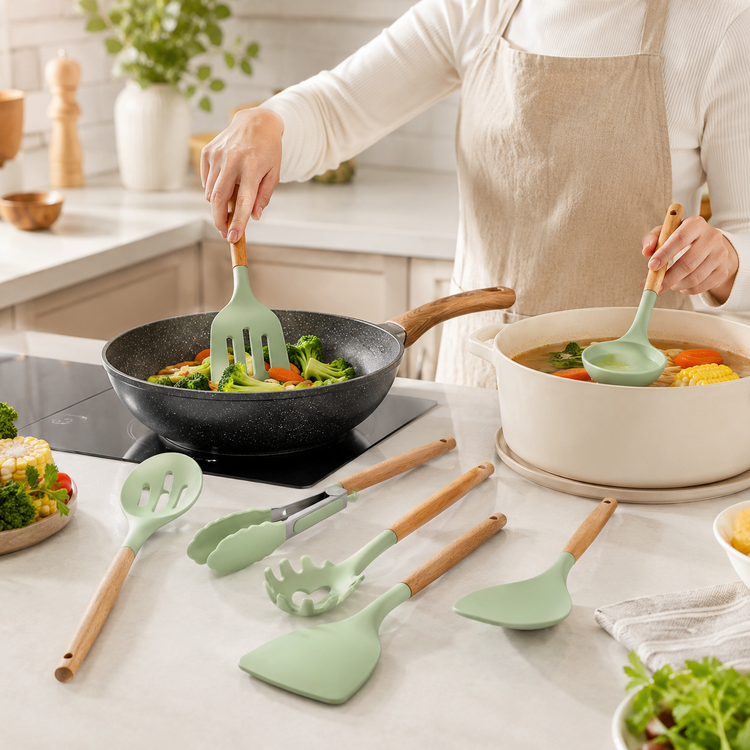 SPATZO Silicone Kitchen Utensil Set – Pack of 6 Light Green