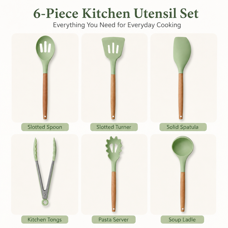 SPATZO Silicone Kitchen Utensil Set – Pack of 6 Light Green