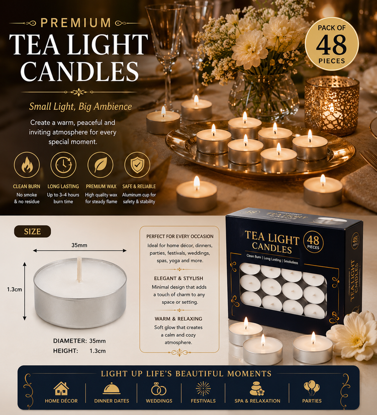 BLUE CRAFT Tea Light Candles – Pack of 48