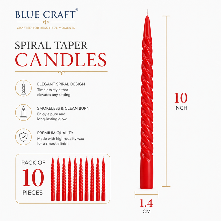 BLUE CRAFT Red Spiral Taper Candles – Pack of 10