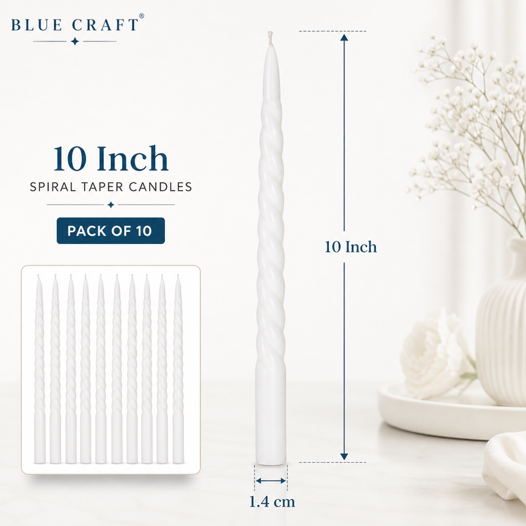 BLUE CRAFT White Spiral Taper Candles – Pack of 10