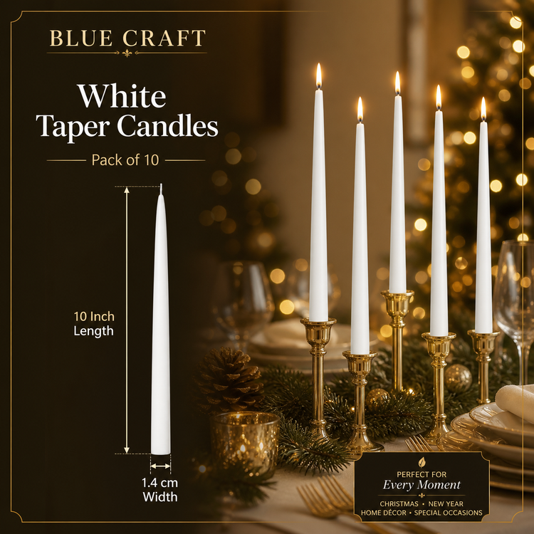 BLUE CRAFT White Taper Candles – Pack of 10