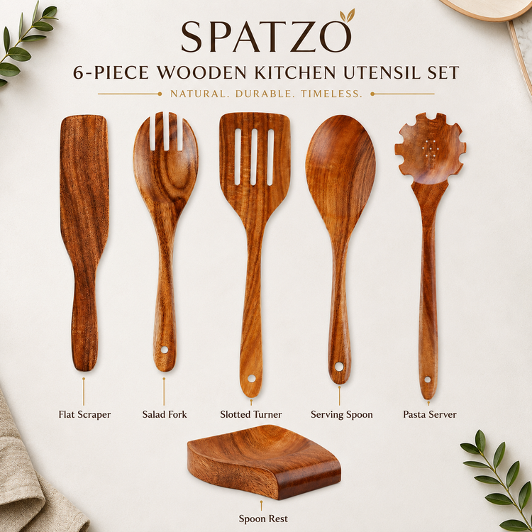 SPATZO Wooden Spatula Set – Pack of 6
